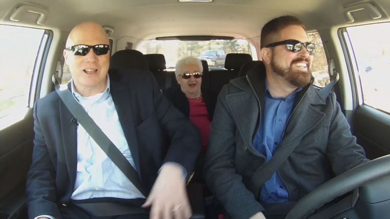 Josh Runkles & Mark Roussey enjoy some 'Carpool Karaoke' with resident Audrey Buchanan.